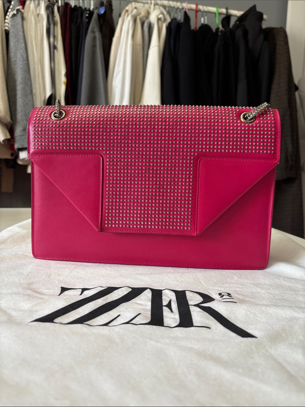 Saint Laurent Paris Fuchsia Betty Studded Leather Convertible Shoulder Bag